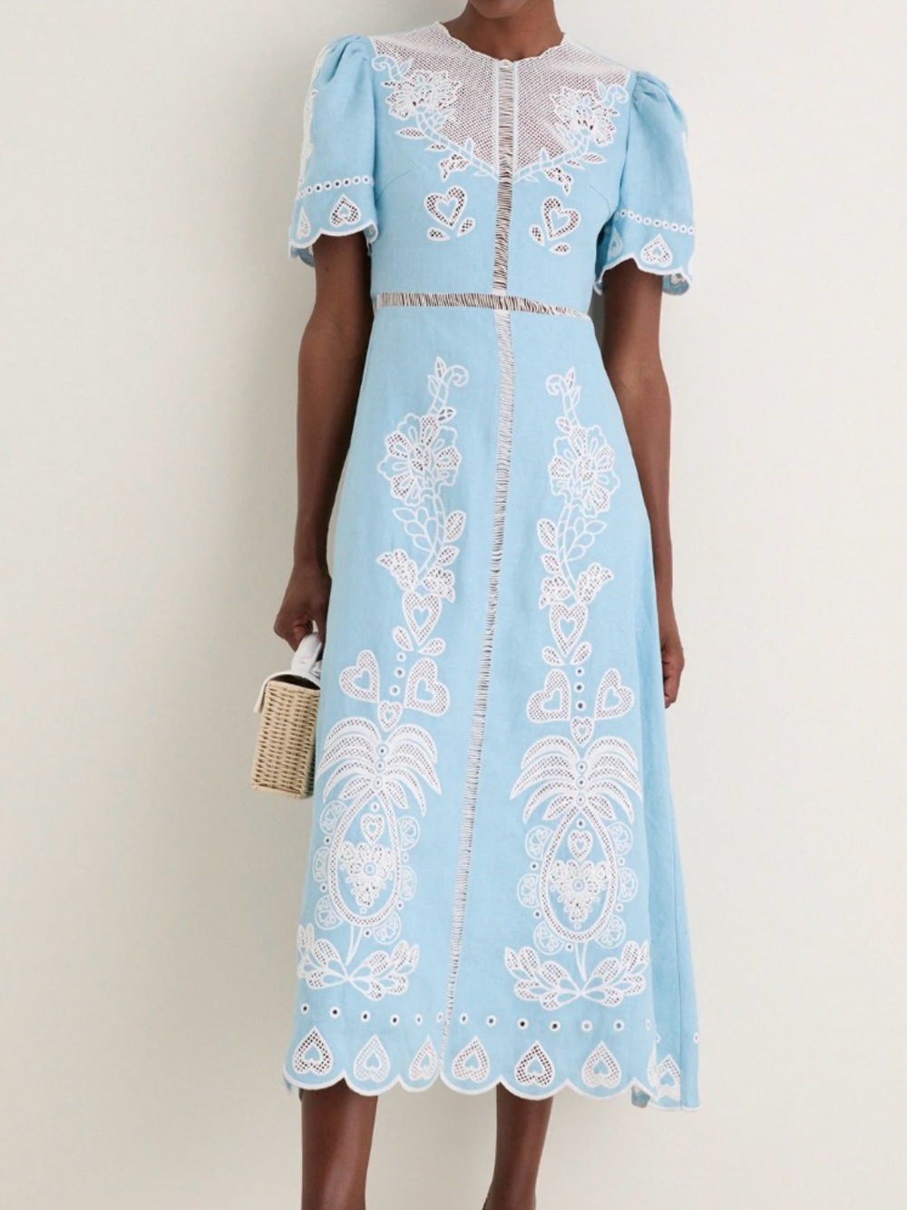 FARM Rio Sky Blue Midi Dress with White Eyelet Embroidery - Picture 1 of 5